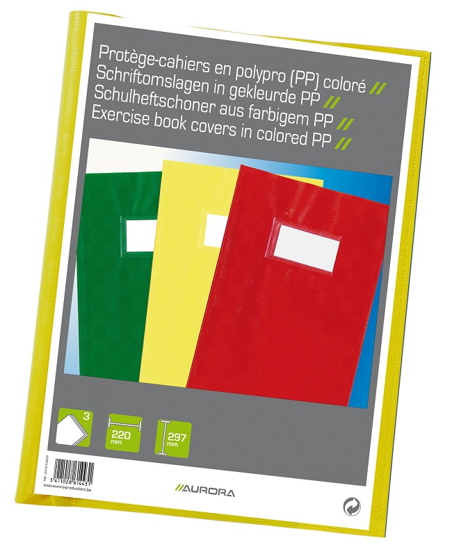 Coperta PP - 120 microni, cu eticheta, pentru caiet A4, 3 buc/set, AURORA - culori asortate