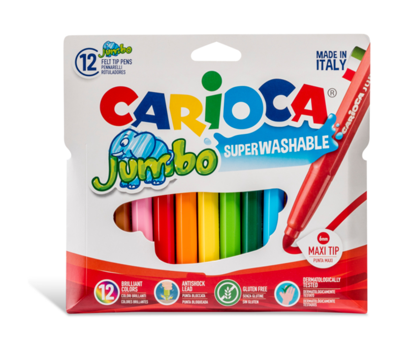 Carioca super lavabila, varf gros 6mm, 12 culori/cutie, CARIOCA Jumbo