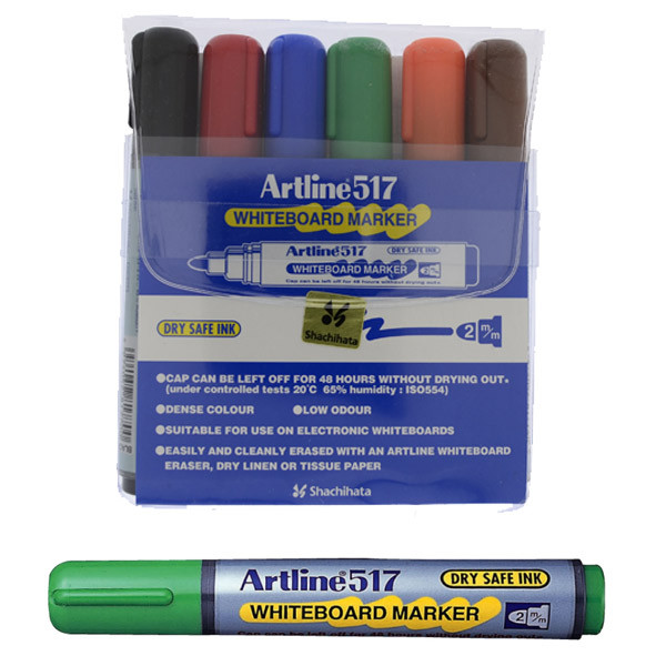 Marker pentru tabla de scris ARTLINE 517 - Dry safe ink, varf rotund 2.0mm, 6 culori/set