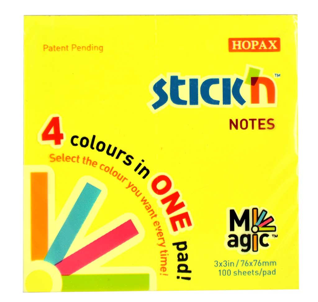 Magic notes autoadeziv 76 x  76 mm, 100 file, Stickn Magic Notes - 4 culori neon
