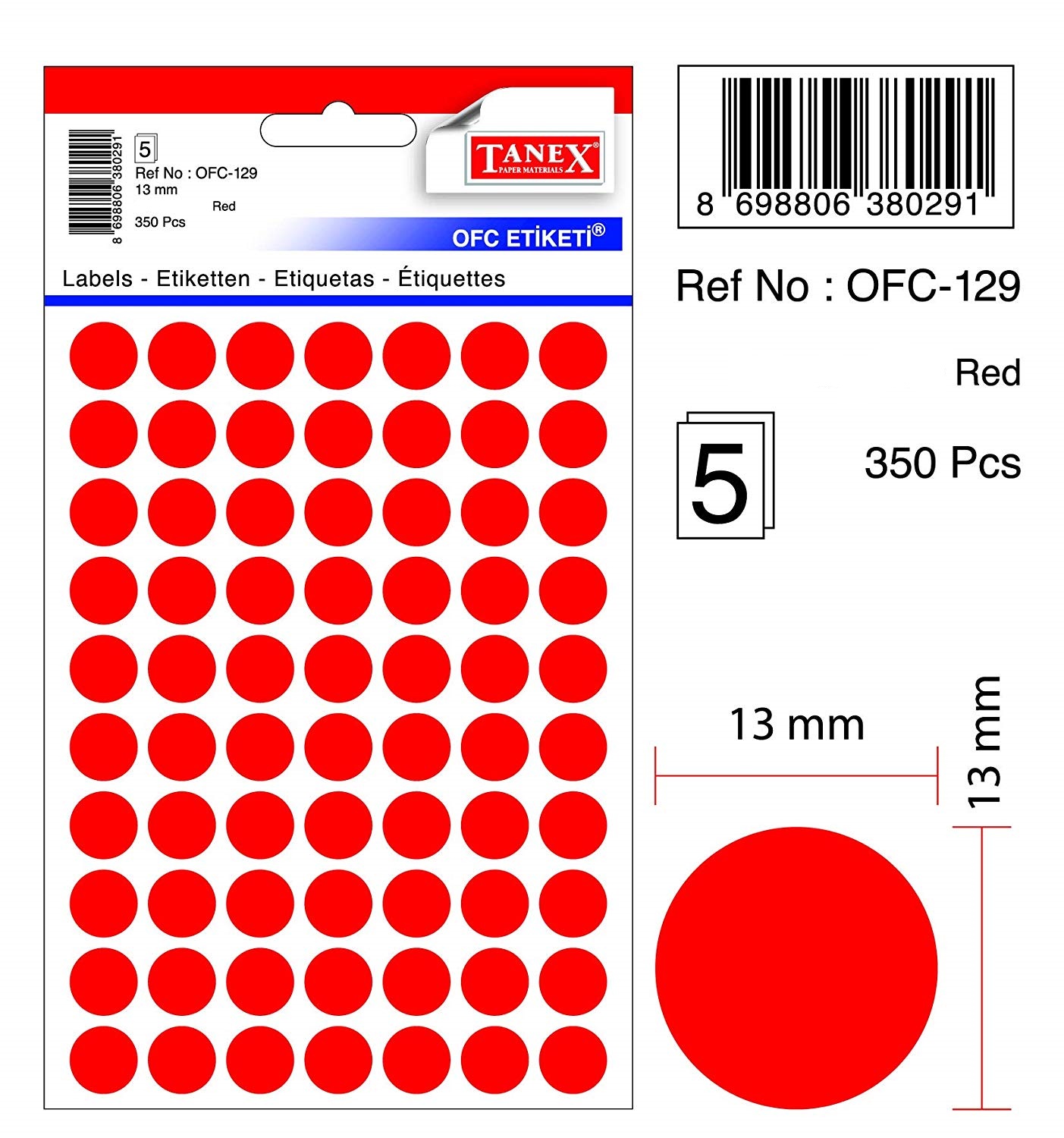 Etichete autoadezive color, D13 mm, 700 buc/set, Tanex - rosu