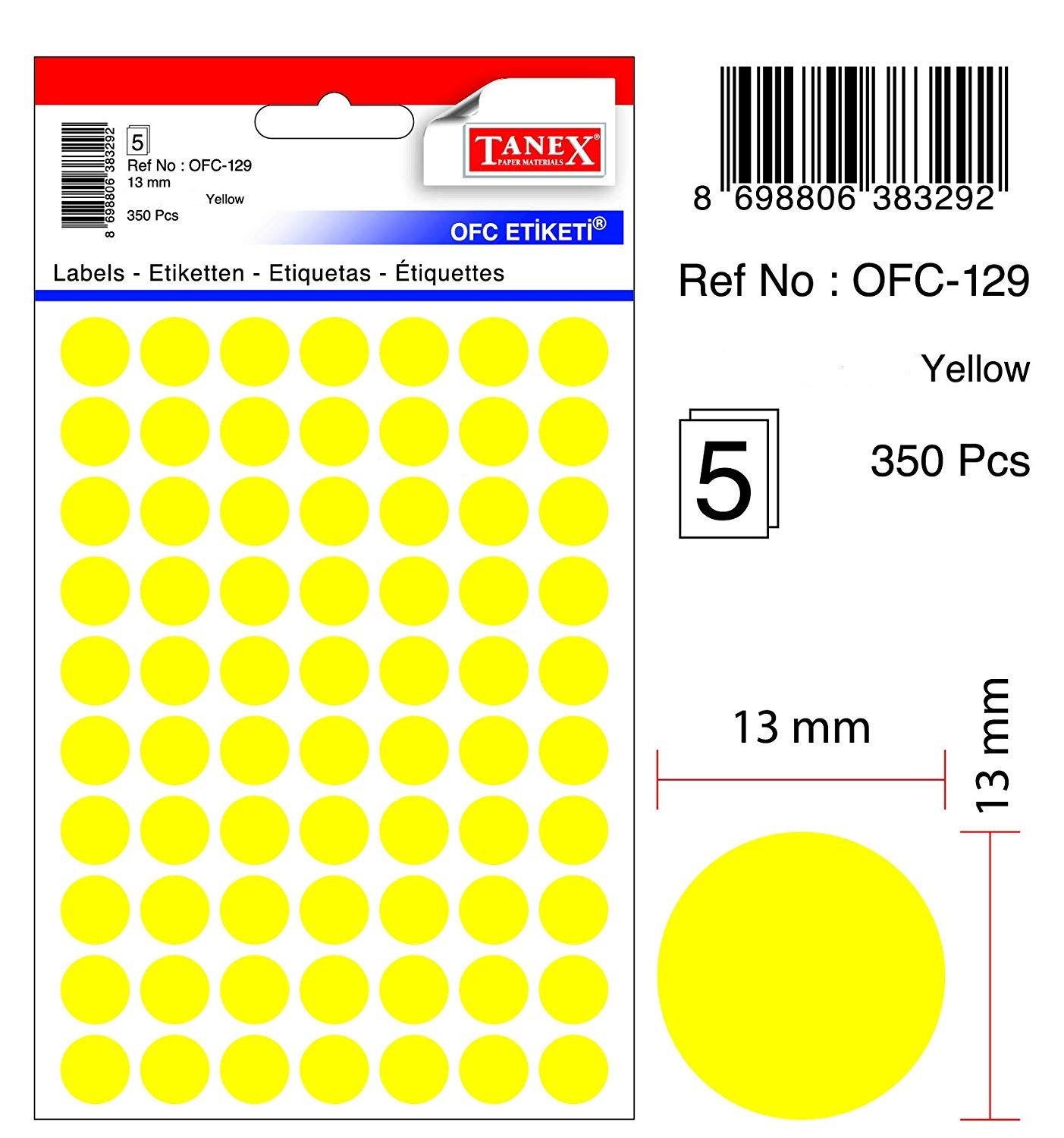 Etichete autoadezive color, D13 mm, 700 buc/set, Tanex - galben