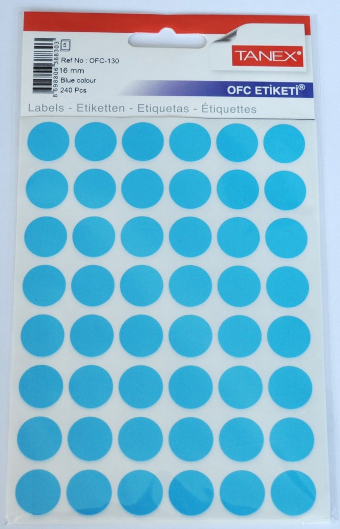Etichete autoadezive color, D16 mm, 480 buc/set, Tanex - albastru