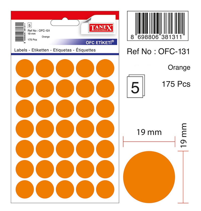 Etichete autoadezive color, D16 mm, 480 buc/set, Tanex - orange