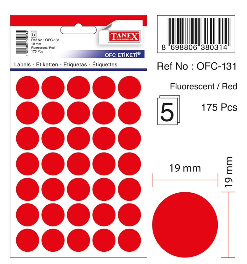 Etichete autoadezive color, D19 mm, 350 buc/set, Tanex -rosu