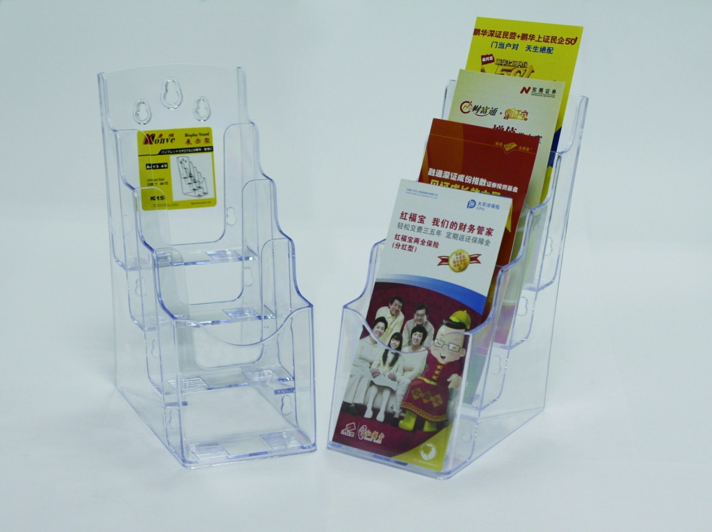 Display plastic pentru brosuri, de birou/perete, 4 x 1/3A4, KEJEA - transparent