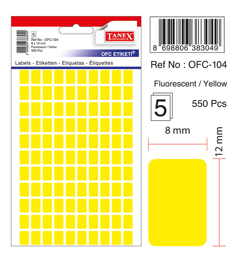 Etichete autoadezive color, 8 x 12 mm, 550 buc/set, TANEX - galben fluorescent