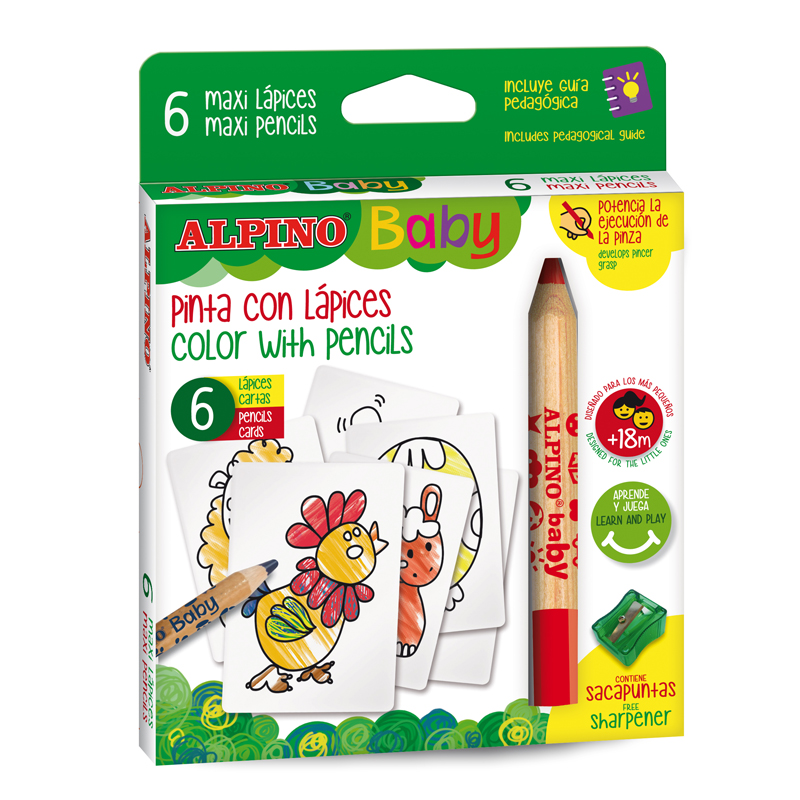 Creioane colorate, 6 culori/set, 6 carduri cu animale, pt. colorat, ALPINO Baby - Maxi