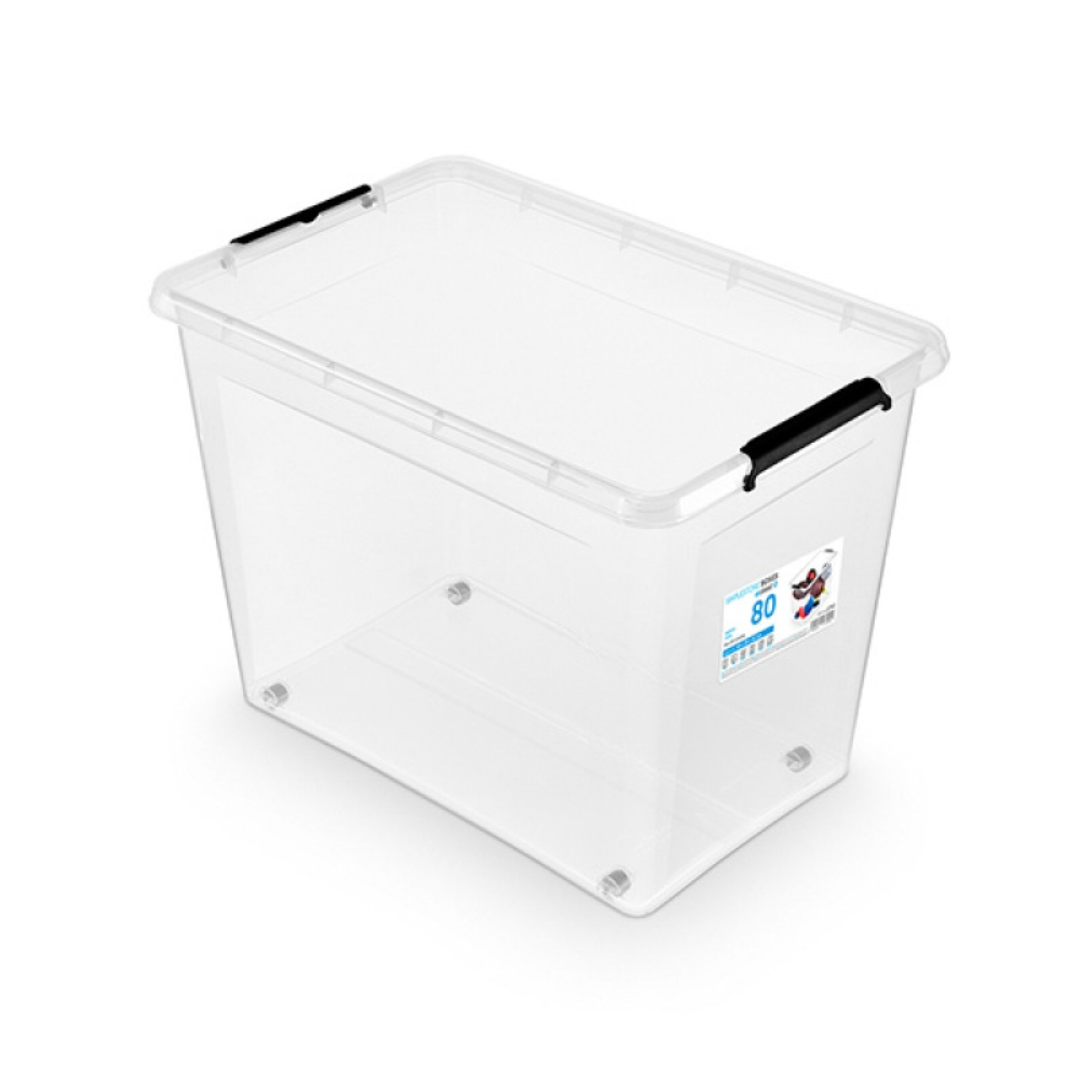 Container plastic cu capac, transparent, ORPLAST Simple box - capacitate 80L - cu rotile
