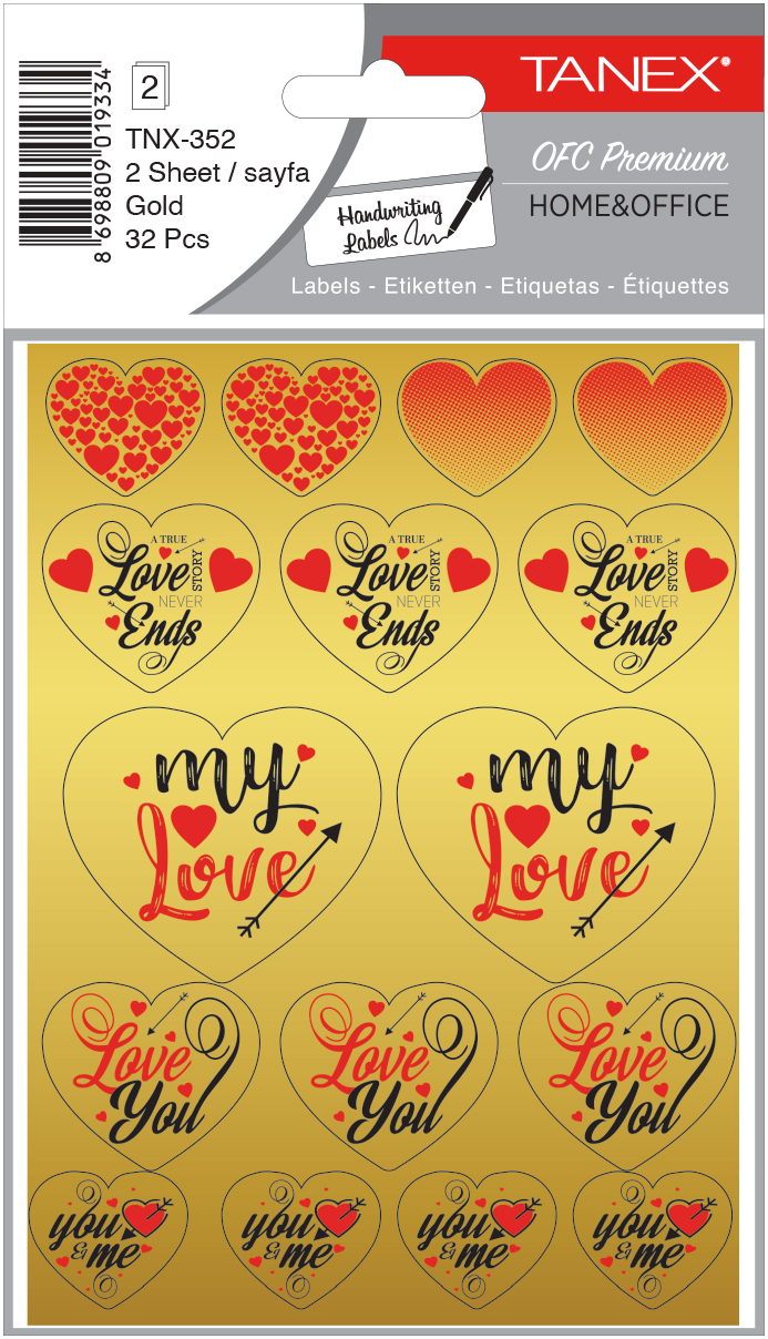 Stickere decorative, 2 file/set, TANEX Kids - inimi - aurii, TNX 352